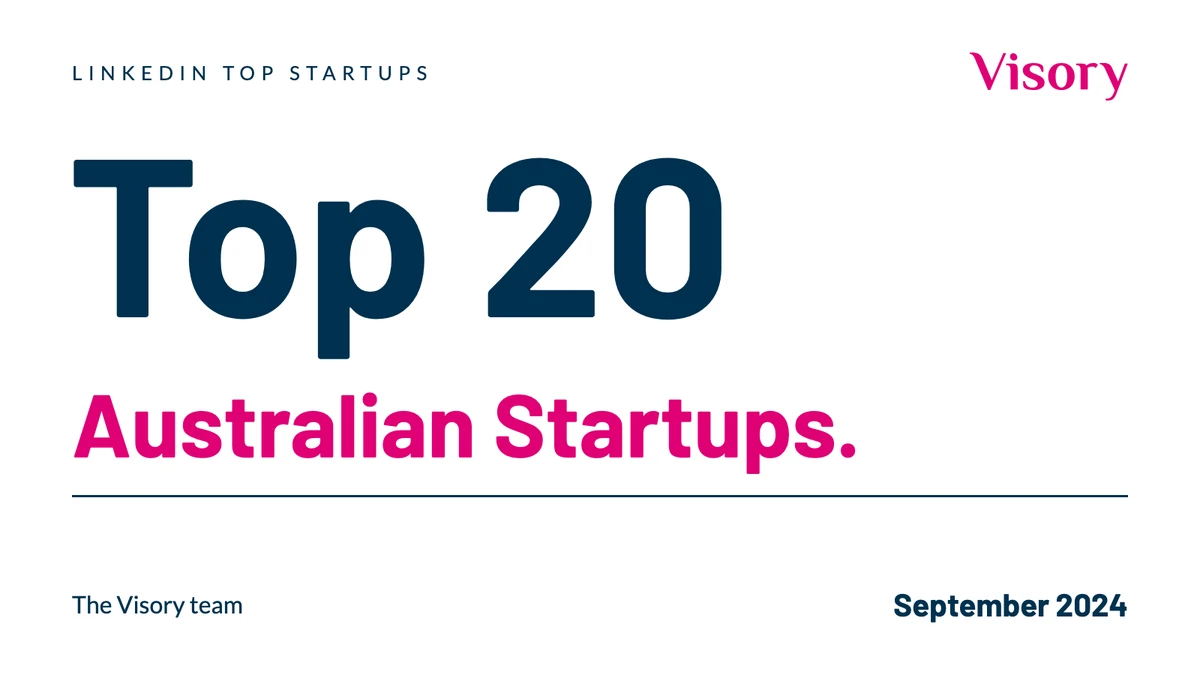 A typographic cover reads Top 20 Australian Startups beside the Visory wordmark and September 2024.