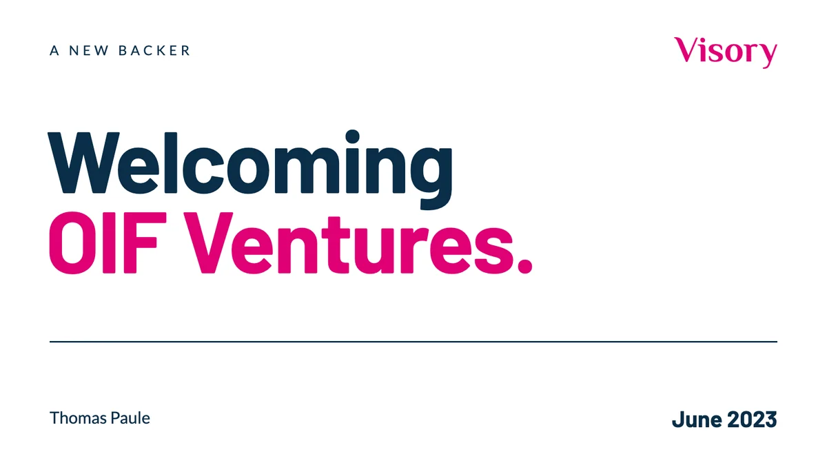 A typographic cover reads Welcoming OIF Ventures beside the Visory wordmark and June 2023.