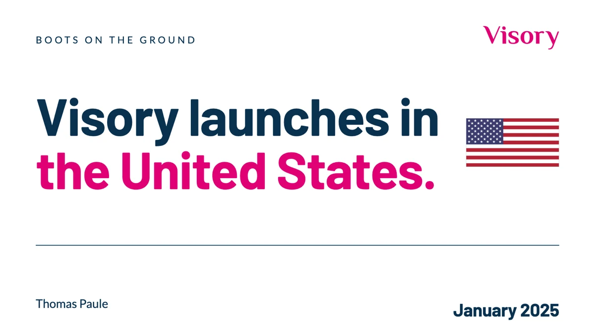 A typographic cover headed Boots on the ground reads Visory launches in the United States beside a United States flag, the Visory wordmark and January 2025.