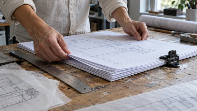 An architect aligns a drawing set beneath a tracing-paper overlay before issuing it.