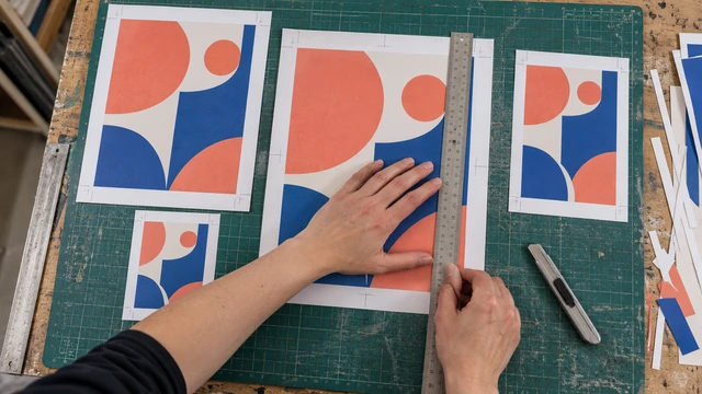 Colour proofs from one campaign are aligned with a ruler on a cutting mat.