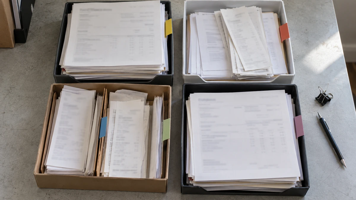 Invoices and receipts are sorted into four document trays for a reporting period.