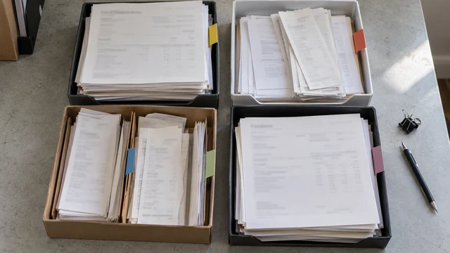 Invoices and receipts are sorted into four document trays for a reporting period.