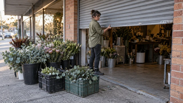 A florist opens the shop beside buckets and crates from an early delivery.