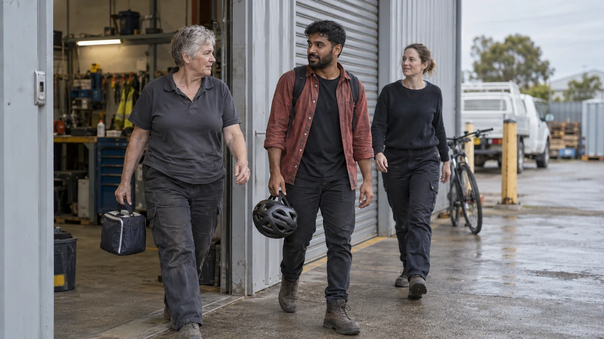 Three workshop employees leave at the end of their shift.