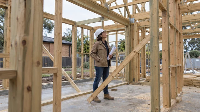 An architect inspects the timber framing of a house under construction.