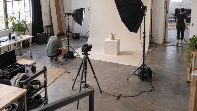 A small production crew prepares a product shoot among hired lighting and camera equipment.