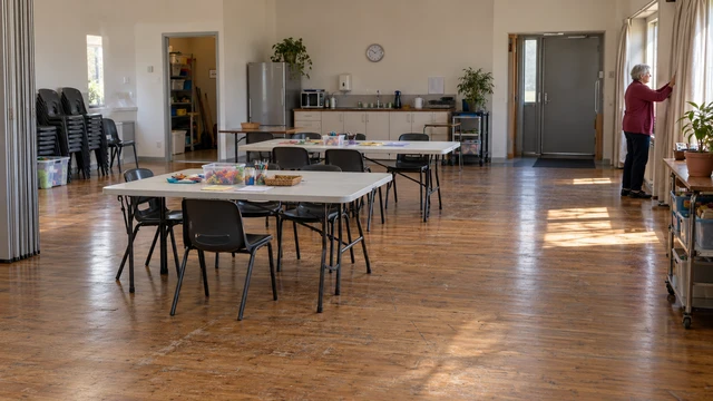 A volunteer opens the curtains in a community hall before a morning programme.