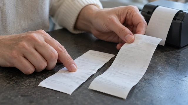 Two receipt slips are compared by hand on a shop counter.