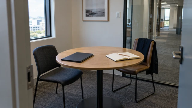 Two chairs and a notebook are ready for a supplier conversation in a small meeting room.