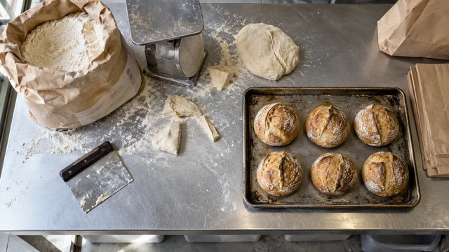 Baking ingredients, dough offcuts and finished rolls share a working bakery bench.