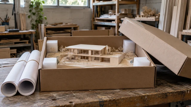A completed architectural model is packed for delivery at the end of a studio workday.