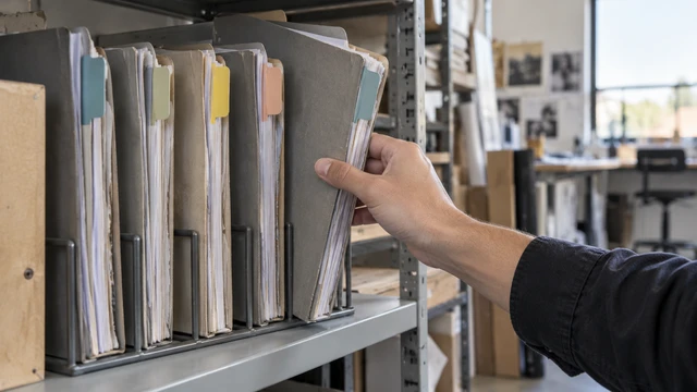 A hand takes a prepared project wallet from a shared studio rack.