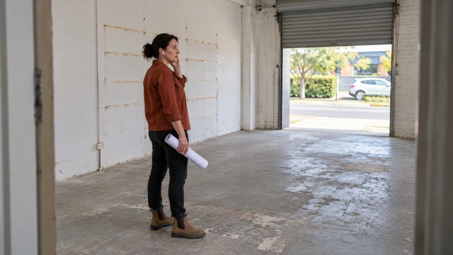 A business owner considers an empty commercial space while speaking through an earbud.