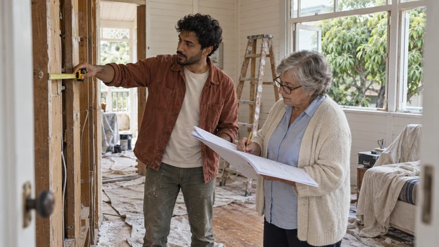 An architect measures an opened wall while the homeowner notes the dimension on printed plans.