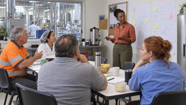 A consultant leads a workshop at a wall of butcher's paper with a client's team in a factory lunchroom.