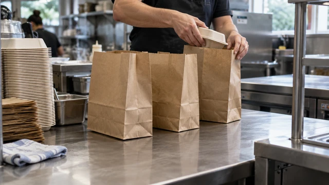 Takeaway orders are packed into plain paper bags at a kitchen service counter.