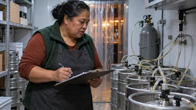 A venue manager counts kegs with a clipboard in a pub cool room.