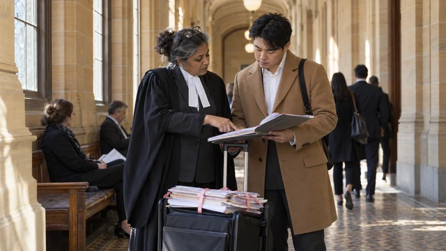 A barrister and a solicitor with a trolley of ribbon-tied briefs confer in a sandstone court corridor.