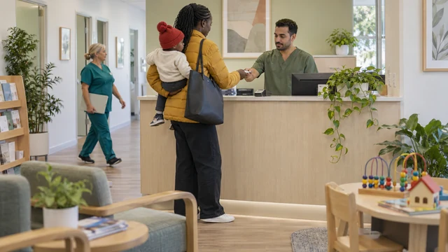 A mother holding a toddler pays at a clinic reception desk while a nurse walks past.