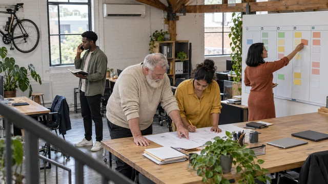 Four colleagues work on different tasks in a converted-warehouse office, one moving a card on a job board.