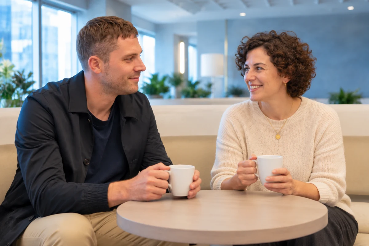 AI-edited photograph of a man in a black jacket and a woman in white chatting over coffee.