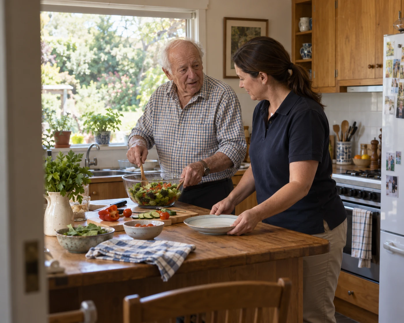 An older man prepares lunch in his own kitchen while a home care worker helps beside him.