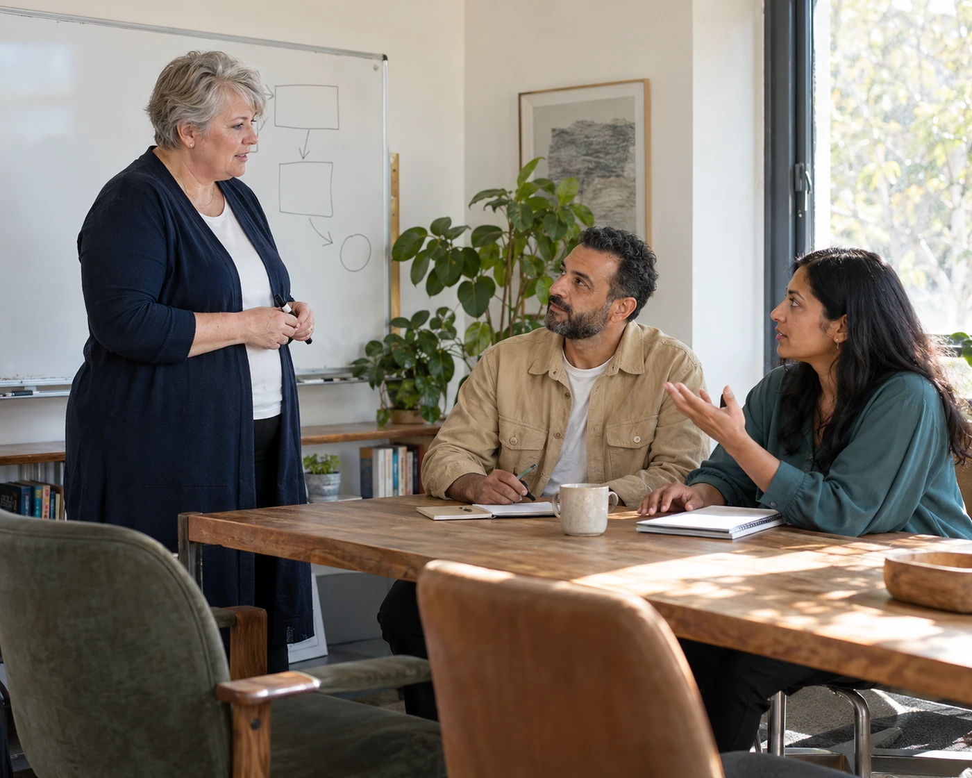 A consultant leads a discussion beside a whiteboard with two members of a client team.