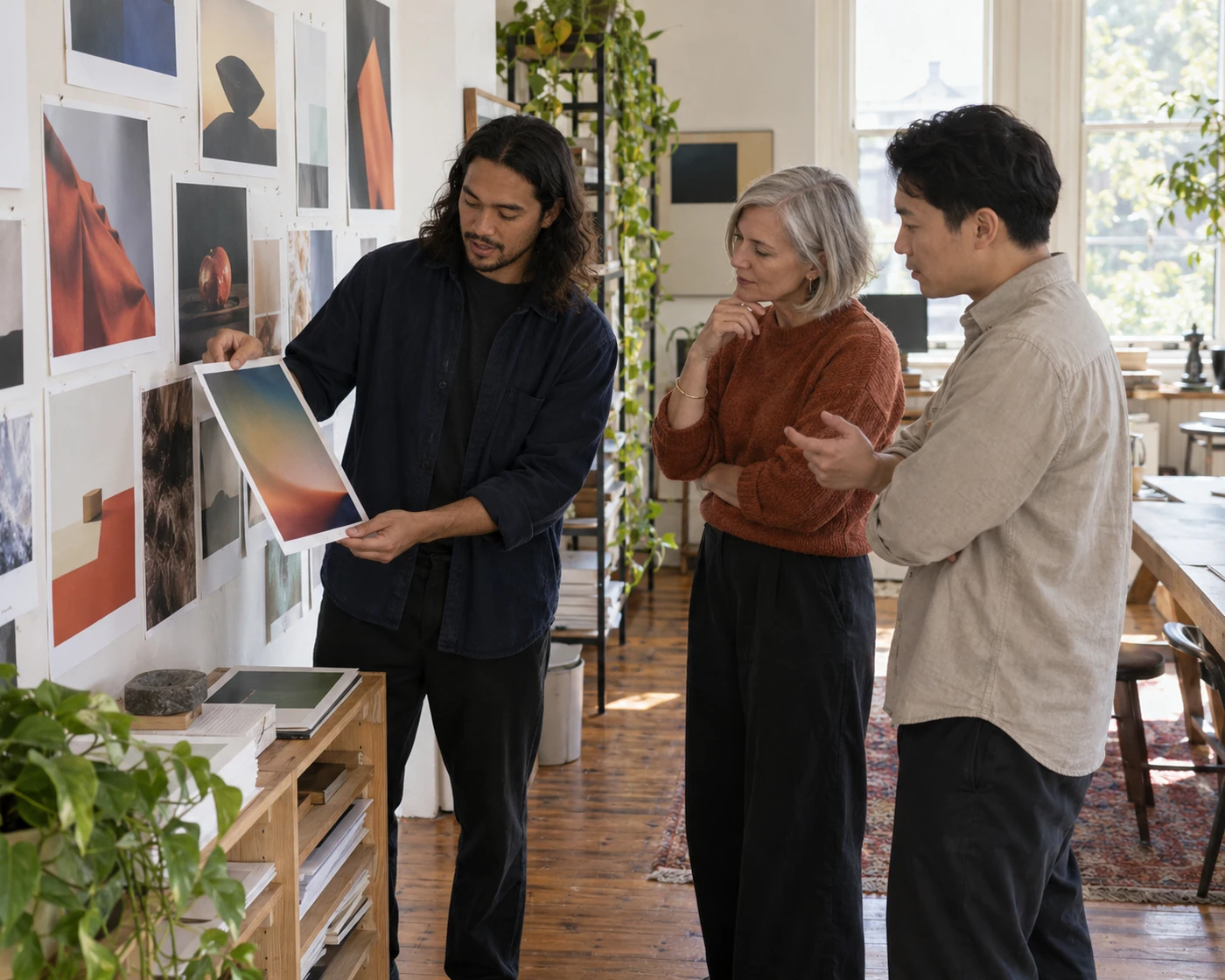 Three designers discuss printed visual concepts pinned to their studio wall.