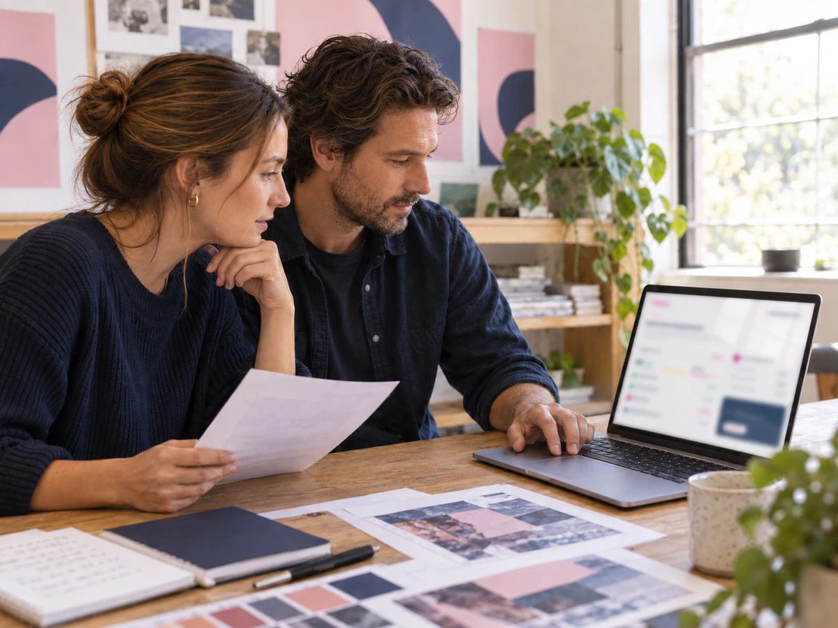 Two agency colleagues review paperwork beside a laptop at a timber studio table.
