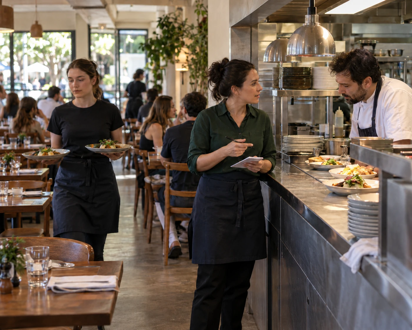 A venue manager coordinates with a chef at the kitchen pass during lunch service.