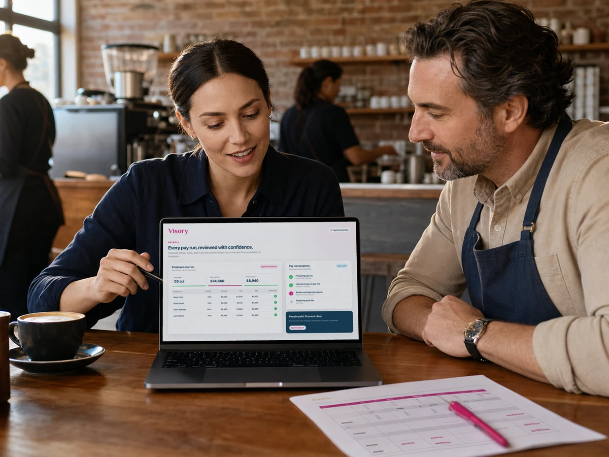 A café owner and adviser review payroll information at a café table.