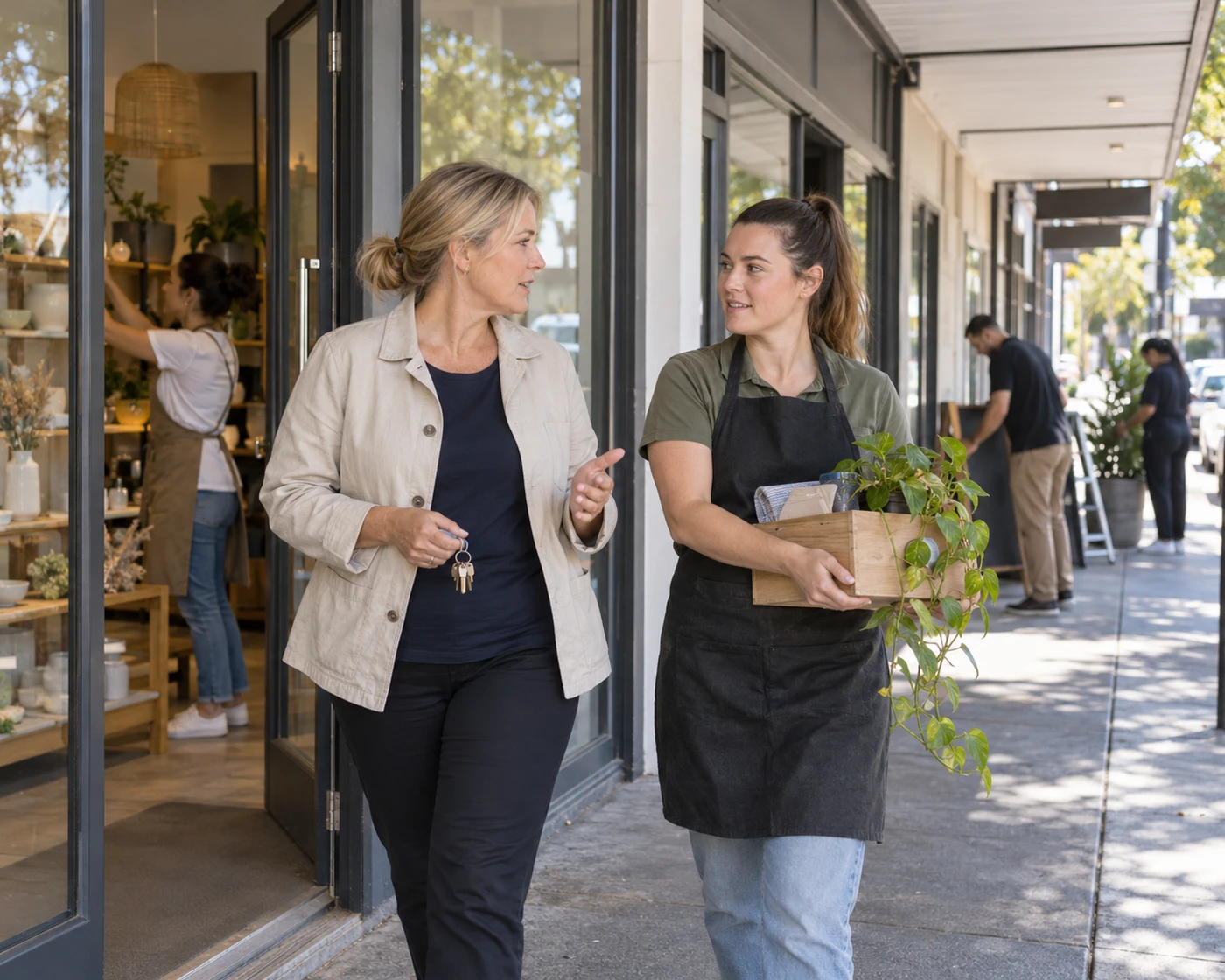 A business operator talks with a site manager outside a suburban shop as the team opens for the day.