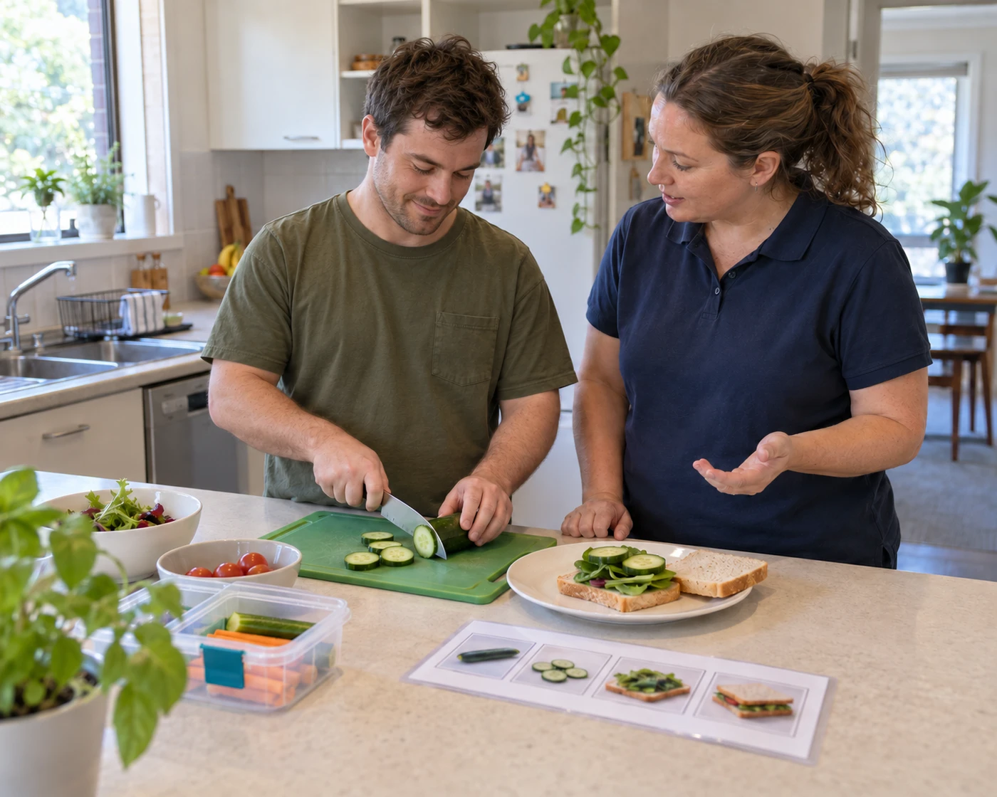 A man prepares lunch during a daily living skills session with a support worker in a community kitchen.