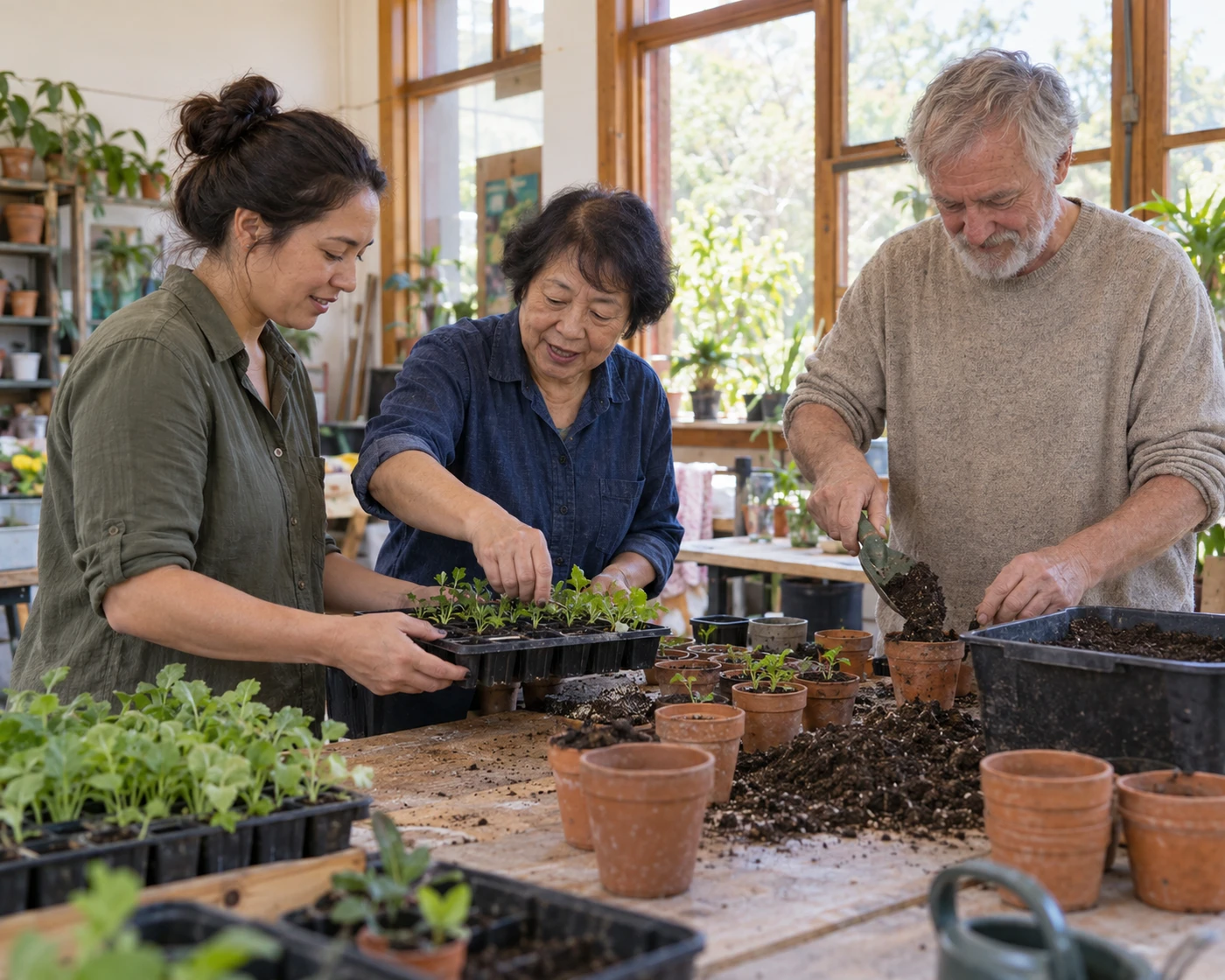 Three volunteers prepare seedlings together at a community centre table.