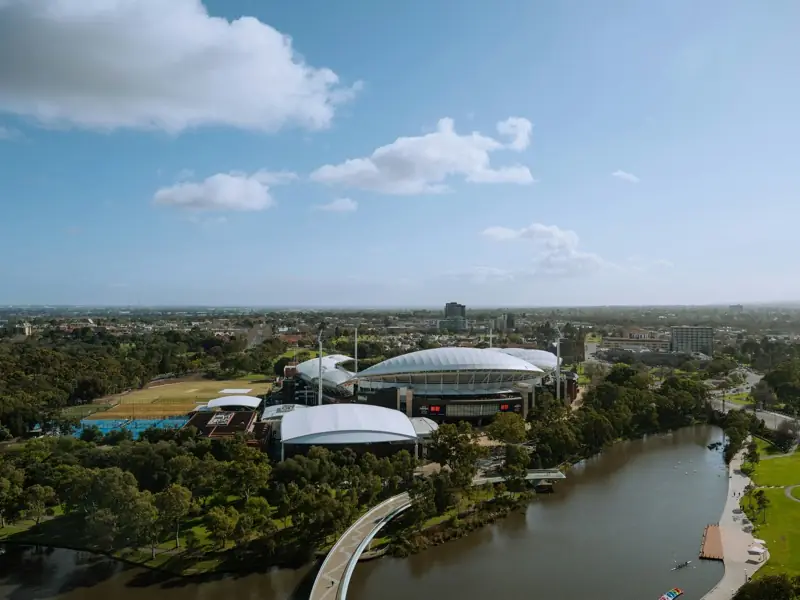Adelaide Oval and the River Torrens among the parklands on the edge of the city.