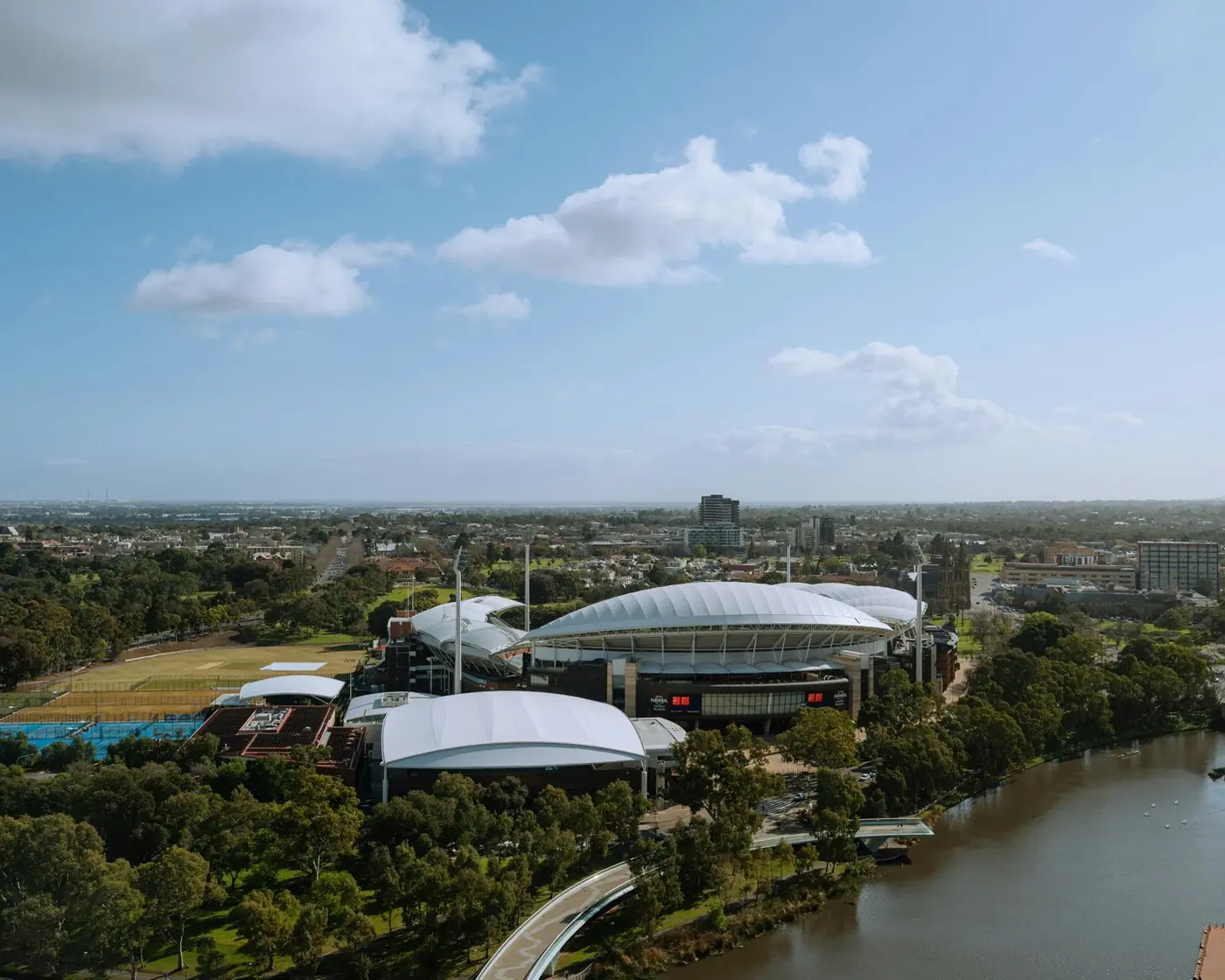 Adelaide Oval and the River Torrens among the parklands on the edge of the city.