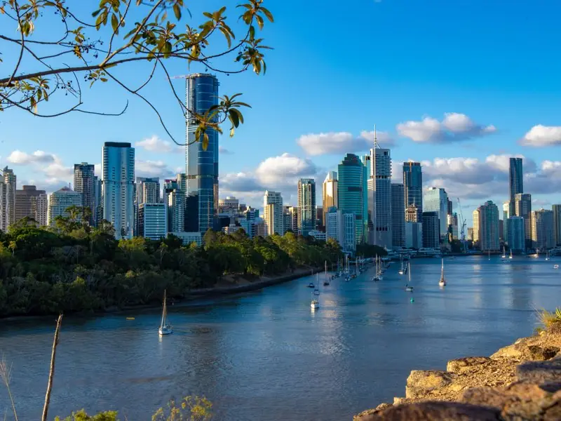 Brisbane’s city towers and the Brisbane River from the Kangaroo Point Cliffs.