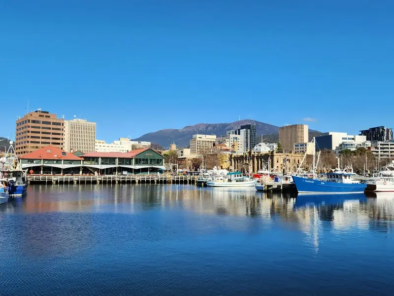 Fishing boats at Constitution Dock in Hobart, with kunanyi / Mount Wellington behind.