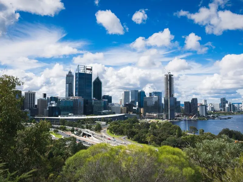 Perth’s city skyline and the Swan River from Kings Park.