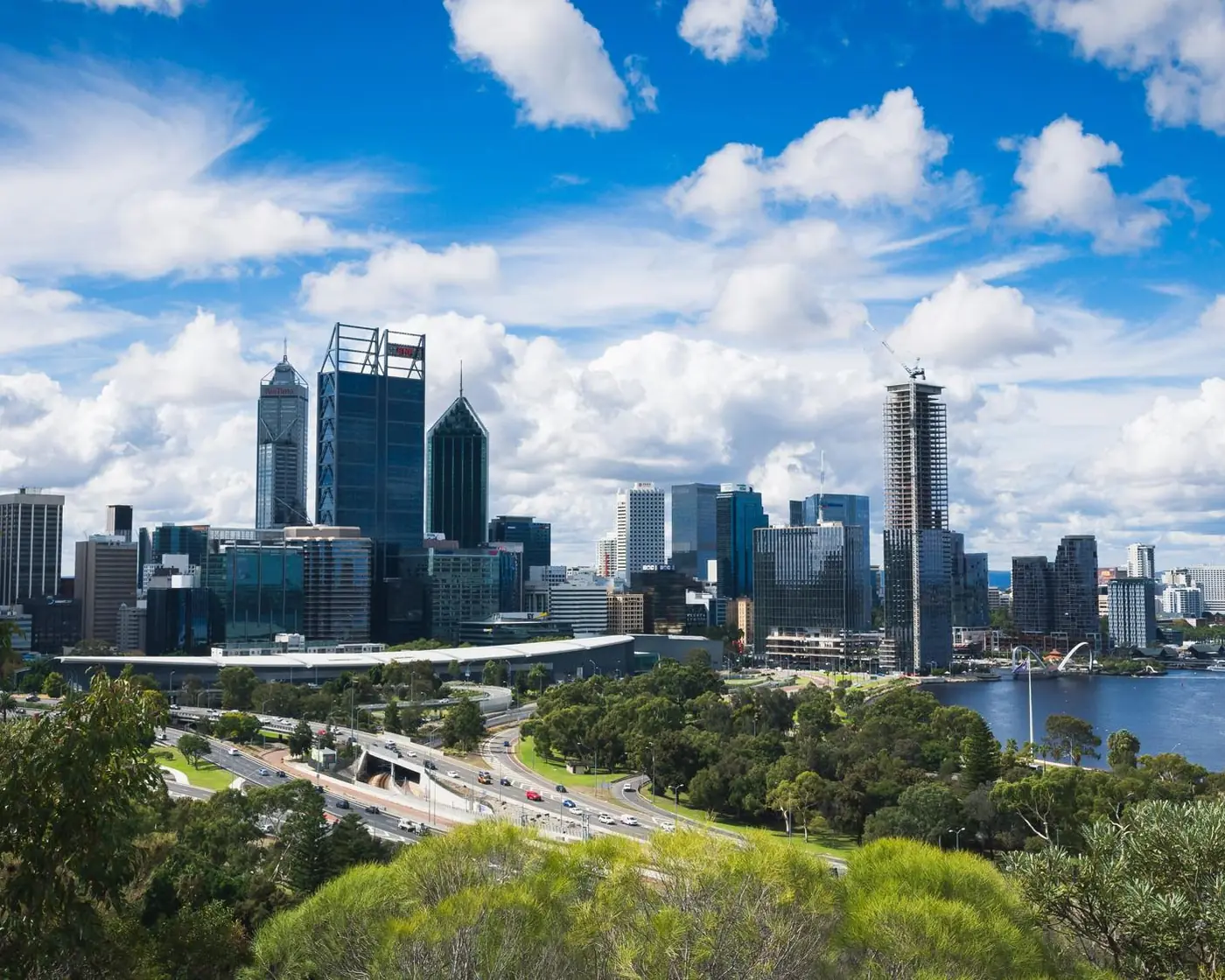 Perth’s city skyline and the Swan River from Kings Park.