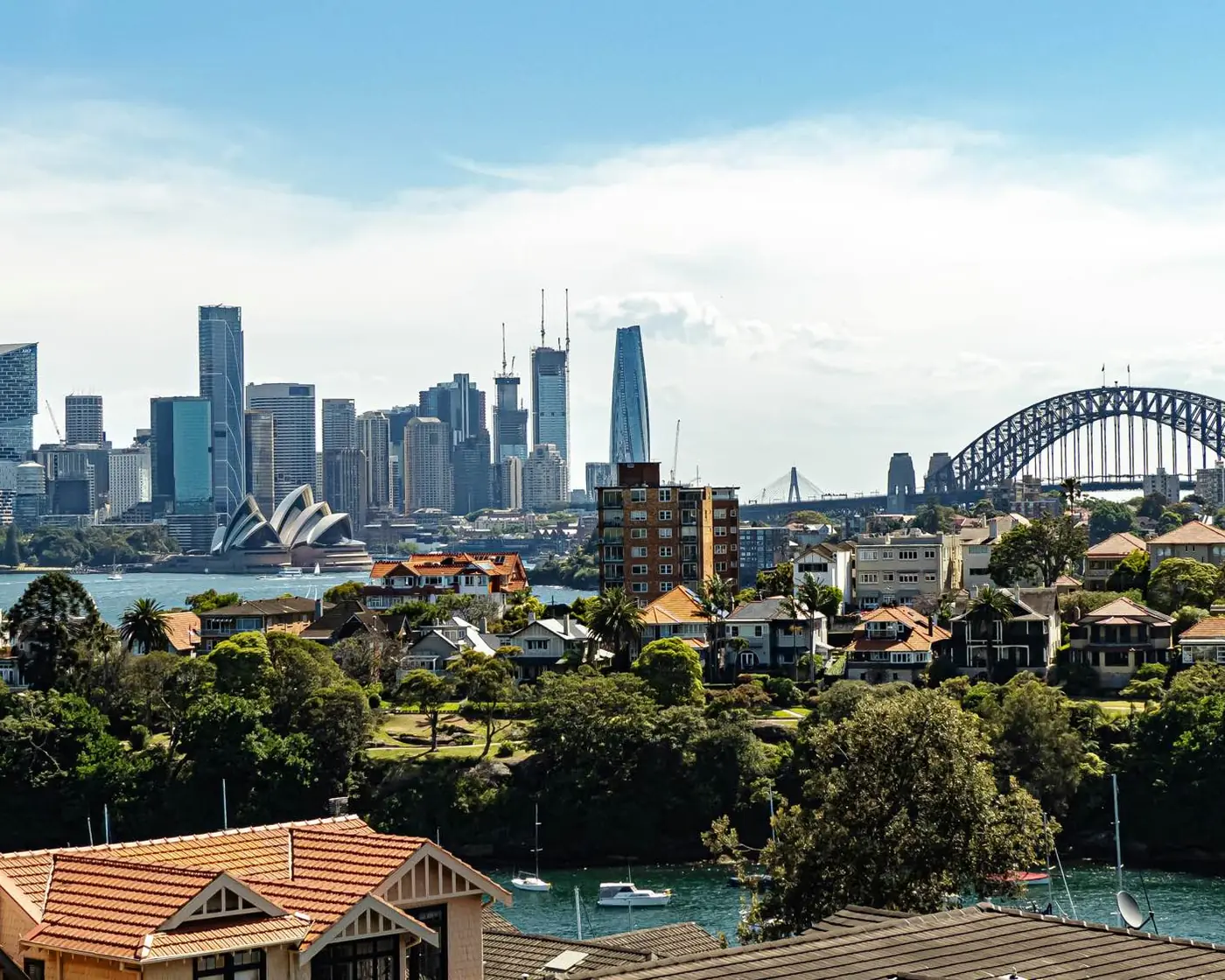 Sydney’s skyline, the Opera House and the Harbour Bridge across the harbour from Cremorne Point.