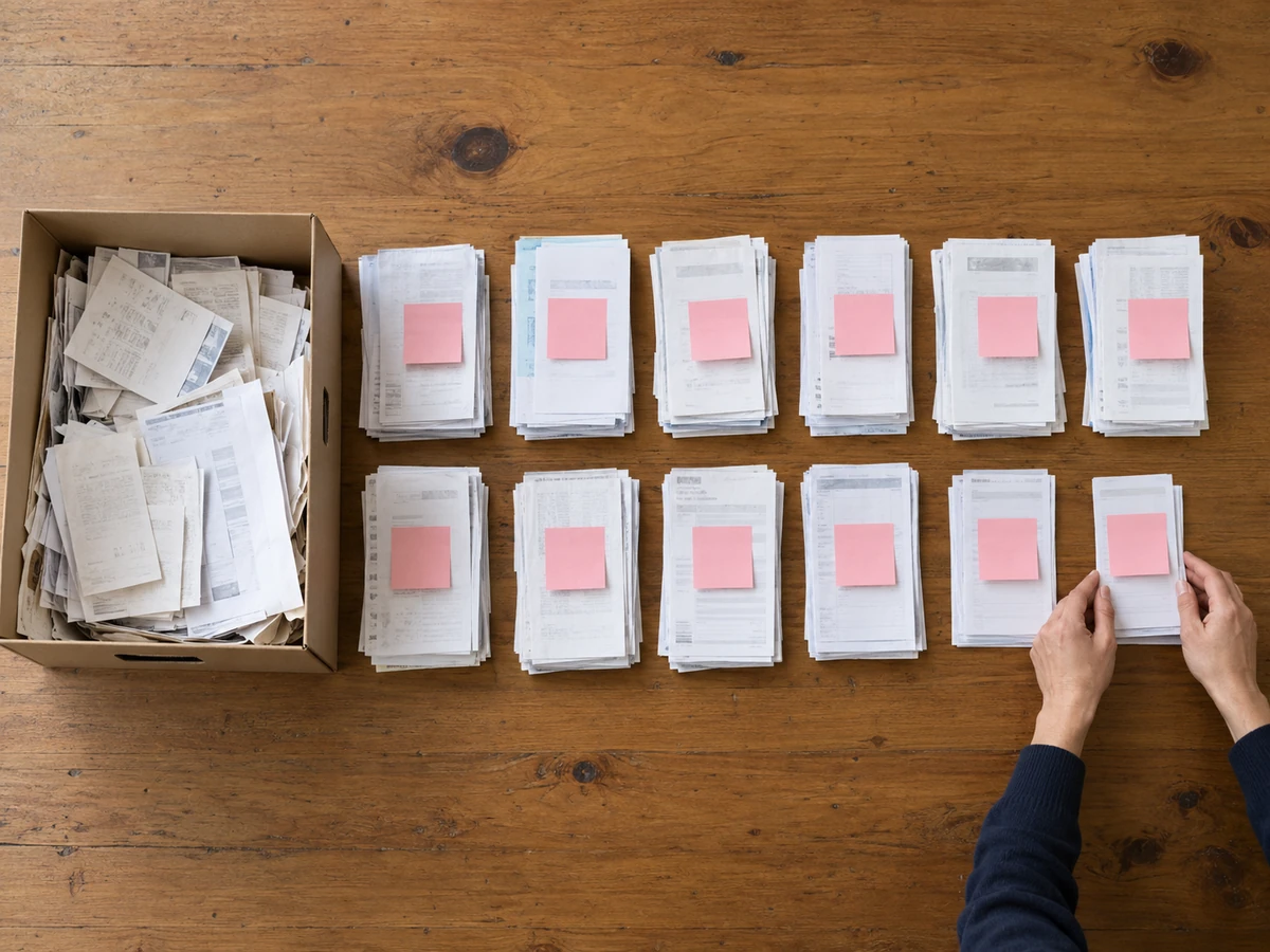 Hands square the last of twelve paper piles beside a box of receipts on a timber table.